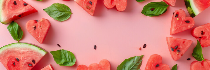 Heart-Shaped Watermelon Slices with Basil on Pink Background