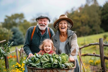 A family stands together in a lush garden, their vibrant clothing matching the blooming flowers and vegetables as they smile and bask in the warm sun, the woman's sun hat and the child's adorable hat