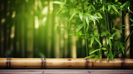 Foto op Canvas bamboo fence background Empty space surrounded by green bamboo leaves. © ORG
