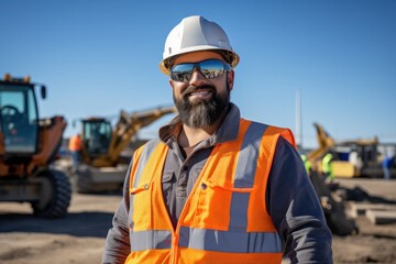 Obraz premium Civil engineer wearing protective glasses and smiling at camera at construction site on sunny day while heavy machinery works. Man