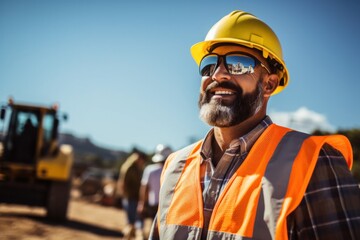 Fototapeta premium Civil engineer wearing protective glasses and smiling at camera at construction site on sunny day while heavy machinery works. Man