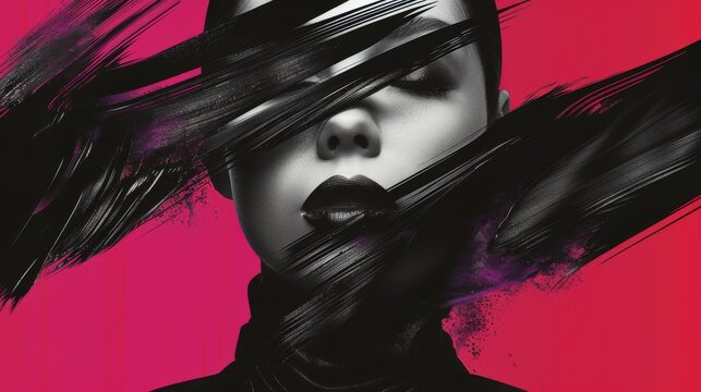Edgy and modern layout of high end fashion shoot in combination with elements of modern graphic design. Graphic strokes of paint on the model's face. Bright neon colors