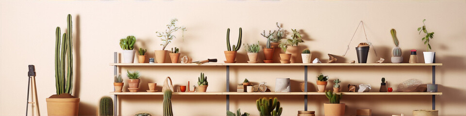 Two wooden shelves with a variety of cacti and other plants in pots. - obrazy, fototapety, plakaty