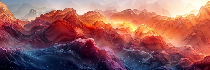 Schilderijen op glas An abstract 3D landscape with smooth, rolling hills in a gradient of sunrise colors © Sarin