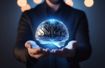 Human hands holding transparent, glowing orb representing an AI brain