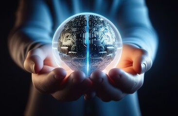 Human hands holding transparent, glowing orb representing an AI brain