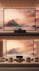 Fototapeta na wymiar Two images of a room with a large window looking out onto a snowy mountain landscape. The room is furnished with a sofa, chairs, and a table.