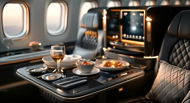 interior of airplane with seats and seats, food and drinks on the table