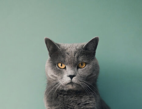 Grumpy Grey Cat Looking at Camera, Isolated Background, Minimalist