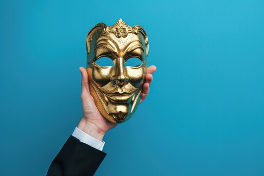Businessman holding an opera mask The concept of a liar, dishonest person, with copy space on a blue background.