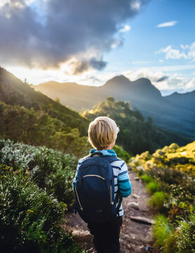 Young Boy Hiking in the Mountain, Adventure, Back View, Outdoor Photography