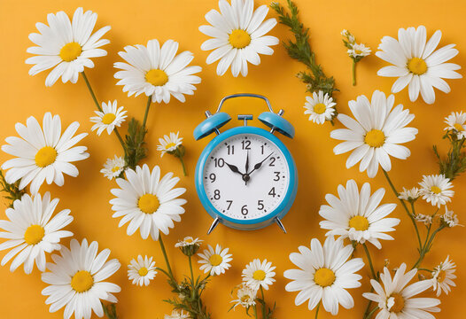 Creative idea layout alarm clock on yellow background with chamomile. Business and dst concept. Ai generation