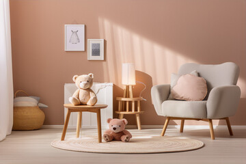 Teddy bears, chair, table, lamp, basket, and frames in a peach-colored room.