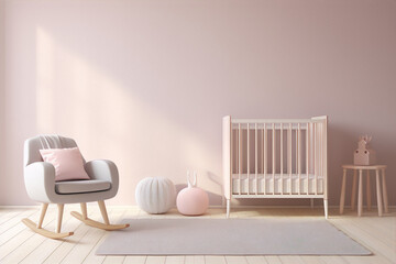 Minimalistic pink nursery with crib, rocking chair and accessories