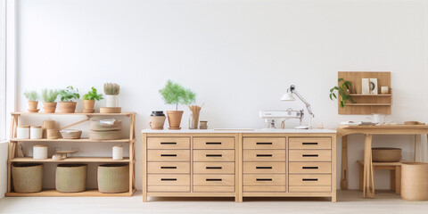 Minimalist kitchen with white walls and wooden furniture