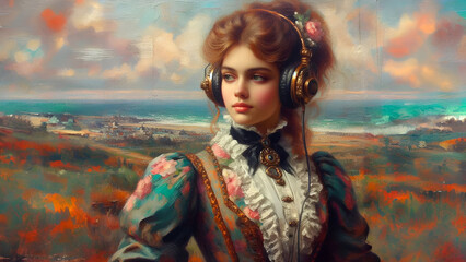 Oil painting, old picture, vintage style, young European woman wearing an aristocratic outfit, wearing headphone
