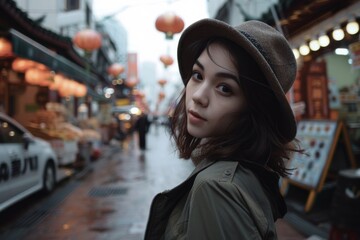 Fototapeta premium Woman Standing Next to Car in Chinatown Street Market. Generative AI