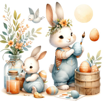Enchanting Easter Bunny Family Painting Colorful Eggs Illustration