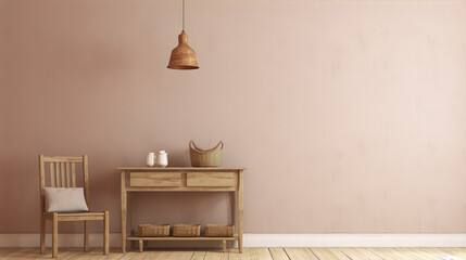 Wooden table with wicker baskets and a chair in front of a pink wall - Powered by Adobe