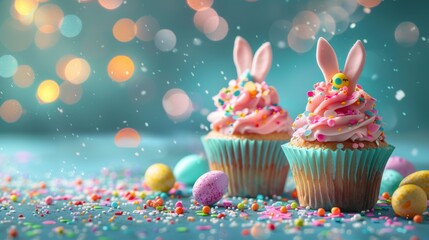decorated cupcakes with pink icing, colorful sprinkles, and bunny ear decorations. Easter cupcakes  - obrazy, fototapety, plakaty