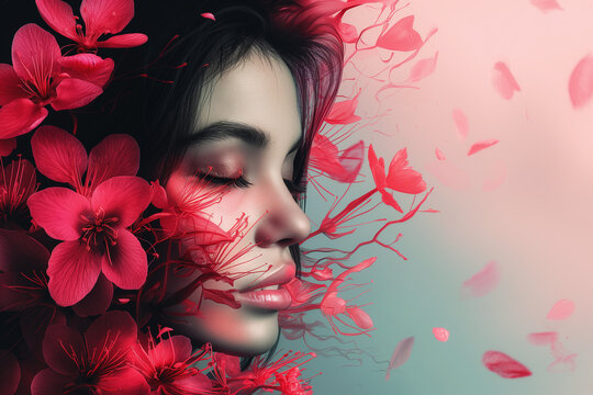 This image showcases a peaceful womans portrait merged with bright red blooms, creating a dreamy and harmonious blend of human and nature elements. The soft focus and pastel background enhance the tra