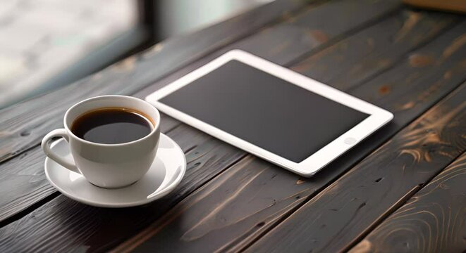 Cup of coffee and digital tablet on wooden table, closeup