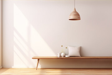 Wooden bench and minimalist decor against white wall in background - obrazy, fototapety, plakaty