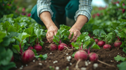 Garden scene with beets being harvested, hands pulling beets from soil - obrazy, fototapety, plakaty