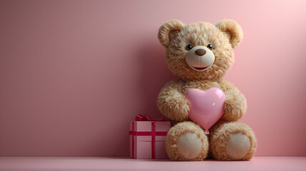 Teddy bear with pink heart and gift box against a soft pink background. This image is perfect for: Valentine’s Day, gifts, love, celebrations, and affection. - obrazy, fototapety, plakaty