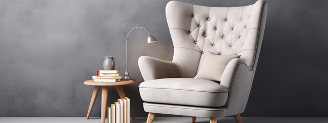 Elegant tufted wingback chair with silver lamp and books on side table.