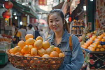 Obraz premium Woman Holding Basket of Oranges in City Market. Generative AI