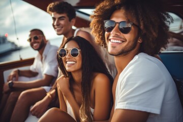 A group of happy young friends held a party on a luxury yacht, enjoying the luxurious atmosphere. - obrazy, fototapety, plakaty