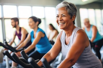 Fototapeta na wymiar Group of Asian women during cycling exercise Exercise classes on exercise bikes Exercise for all ages Have good health at every age.