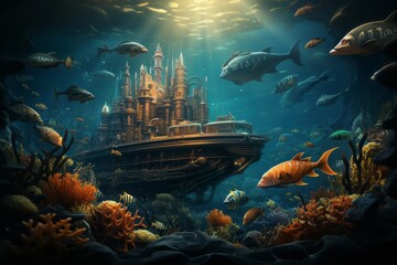 a ship is floating on top of a coral reef in the ocean surrounded by fish