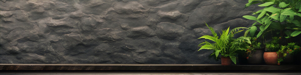 Close up of green leaves of various plants on a wooden table with a dark stone background