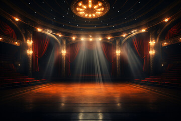 Theater stage light background with spotlight illuminated the stage for opera performance. Empty stage with classic and timeless backdrop decoration. Stage curtain. Entertainment show. - obrazy, fototapety, plakaty