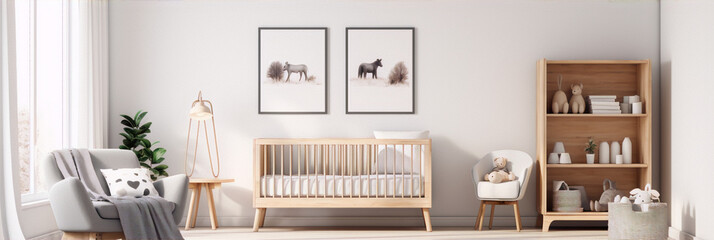 Minimalist nursery with crib, two framed equine prints, gray armchair, and wooden bookshelf with toys and books. - obrazy, fototapety, plakaty