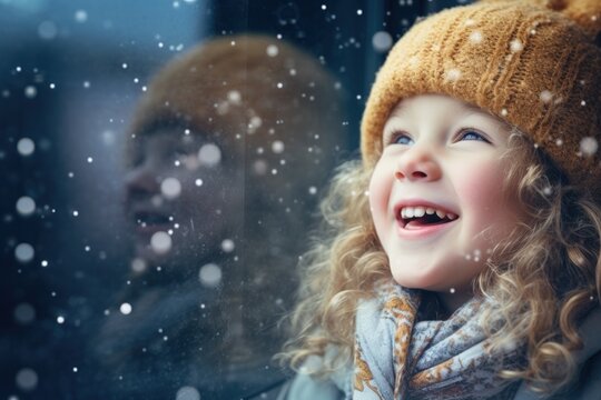 Happy little girl watches and plays with snow from open car window on winter holiday trip.