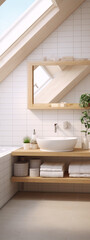 Fototapeta na wymiar Bright and airy bathroom with whitewashed brick walls and wooden accents