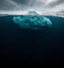 Iceberg Above and Below Water Surface in Polar Seascape
