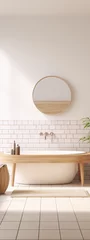 Poster Bathroom interior with bathtub, mirror, plant and bath accessories in beige and white colors. © kamel