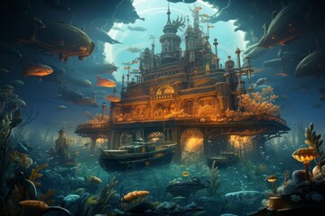 A castle in the ocean, surrounded by fish, creating a magical natural landscape - obrazy, fototapety, plakaty