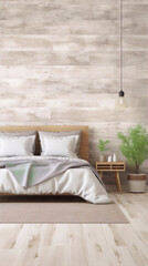 Bright bedroom interior with natural wooden wall and green plants