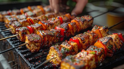 A street vendor grilling up flavorful vegan kebabs made from marinated tofu and skewered with colo