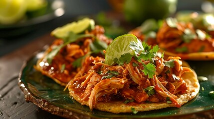 Mexican tinga de pollo shredded chicken in chipotle tomato sauce, served in tacos or tostadas - obrazy, fototapety, plakaty