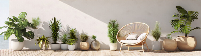White concrete wall with a large round wicker chair and many plants in pots on a wooden floor.