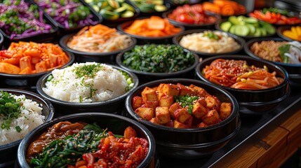 A street vendor dishing out hearty servings of vegan bibimbap, featuring a colorful medley of rice - obrazy, fototapety, plakaty