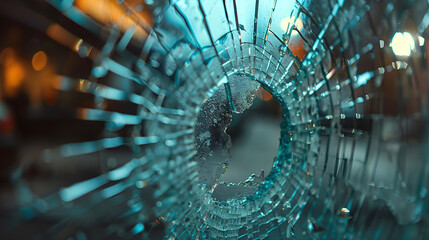 Gunshots at the murder scene Broken glass from bullet holes - obrazy, fototapety, plakaty