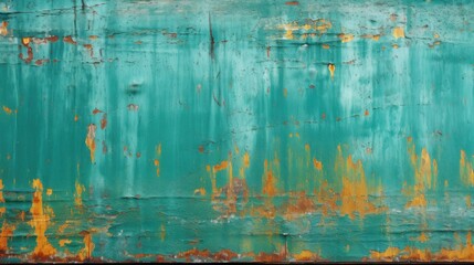 Obraz premium Old green paint on metal and rust dripping texture of vintage grunge old yellow sign with copy space.