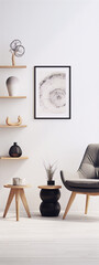 Black and white photo of tree rings in a black frame with gray chair, tables, and vase.